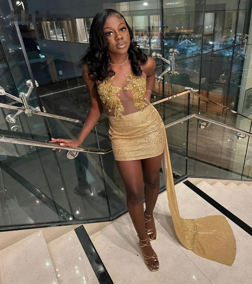 Gold Black Girls Homecoming Dress With Train Illusion Top Beaded Hoco Birthday Party Evening Dress Sequin