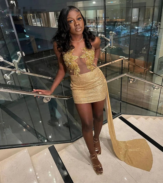 Gold Black Girls Homecoming Dress With Train Illusion Top Beaded Hoco Birthday Party Evening Dress Sequin
