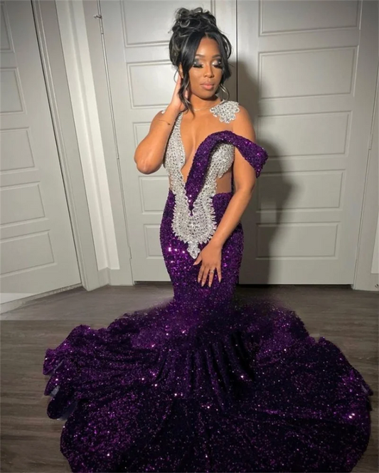Purple Sequins Mermaid Long Prom Dresses For Black Girls Luxury Rhinestones Crystals Birthday Party Dress Evening Dress