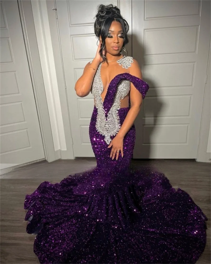 Purple Sequins Mermaid Long Prom Dresses For Black Girls Luxury Rhinestones Crystals Birthday Party Dress Evening Dress