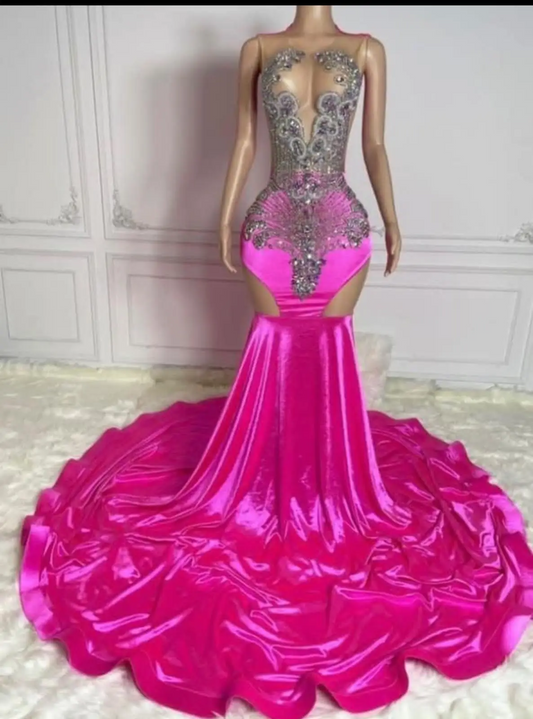 Sheer See Through Pink Prom Dresses Black Girl Luxury Mermaid Beaded Diamond Formal Evening Birthday Party Gala Gowns