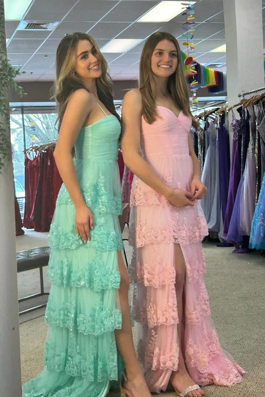 Straps Pink Appliques Tiered Ruffles Long Party Dress