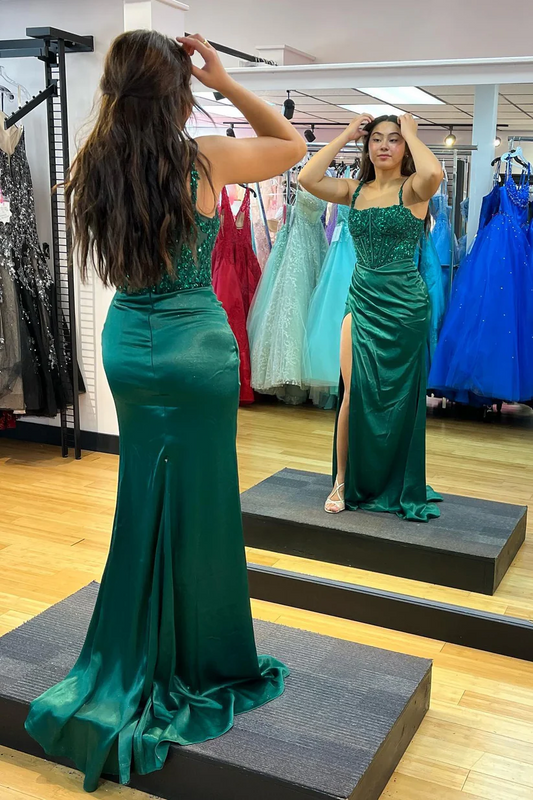 Green Appliques Straps Mermaid Formal Dress