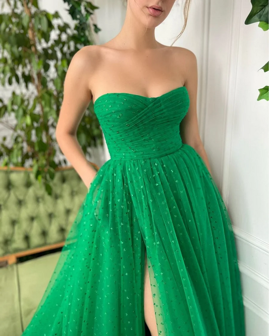Charming Green Tulle Prom Dress Sleeveless Strapless Satin with High Slit