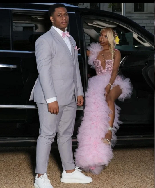 Long Sleeve Pink Ruffle Mermaid Prom Dresses Sparkly Rhinestones Beaded Black Girls Side Slit Luxury Long Prom Gala Gowns