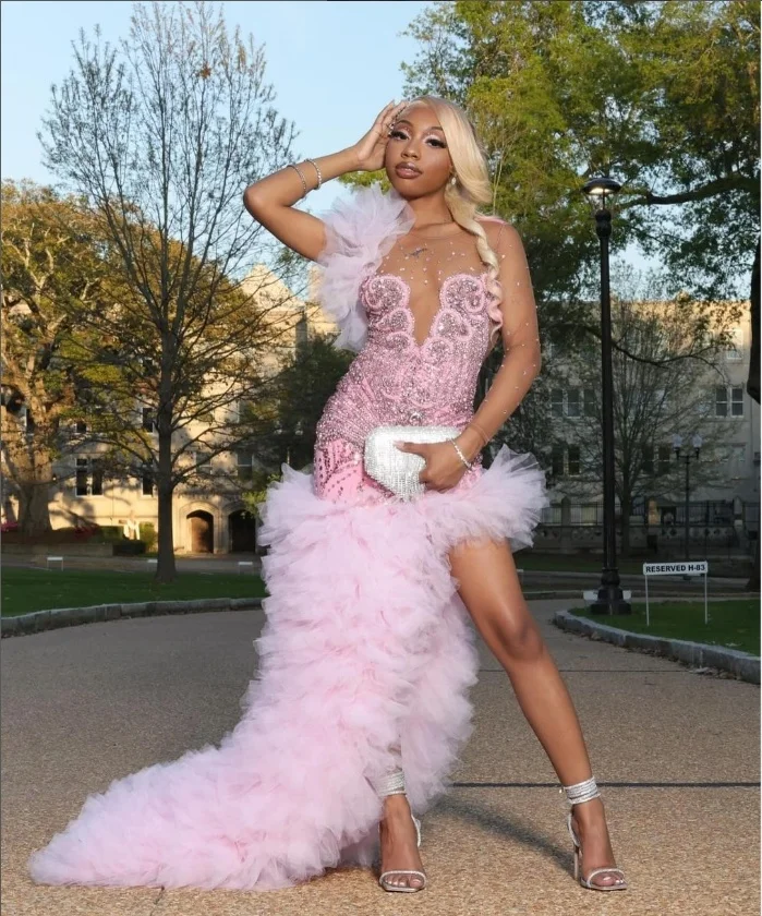 Long Sleeve Pink Ruffle Mermaid Prom Dresses Sparkly Rhinestones Beaded Black Girls Side Slit Luxury Long Prom Gala Gowns