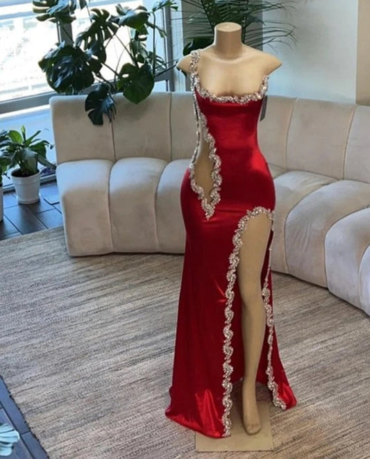 Sexy Red Beaded Spaghetti Mermaid Prom Dresses Luxury Gown One Shoulder Slit Birthday Dress Black Girl