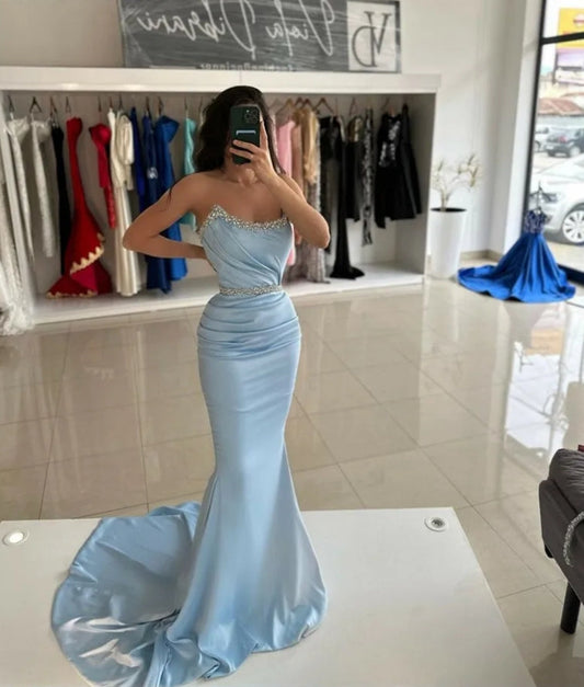 Sky Blue Mermaid Evening Dresses Beading Crystal Prom Gowns Elegant Satin Formal Party Dresses