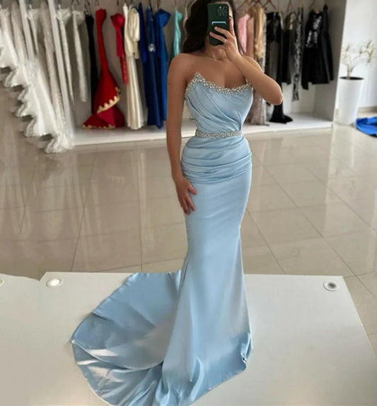 Sky Blue Mermaid Evening Dresses Beading Crystal Prom Gowns Elegant Satin Formal Party Dresses