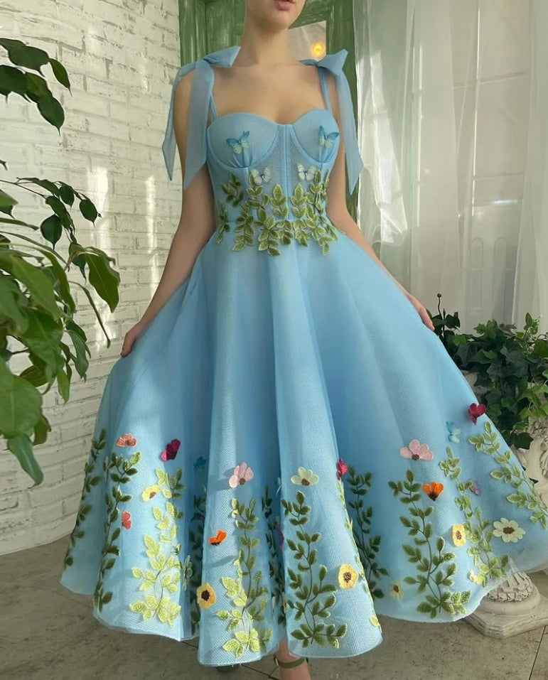 Prom Gown Spaghetti Strap A-line Tea-Length Evening Dresses Exquisite Applique Birthday Party Dresses