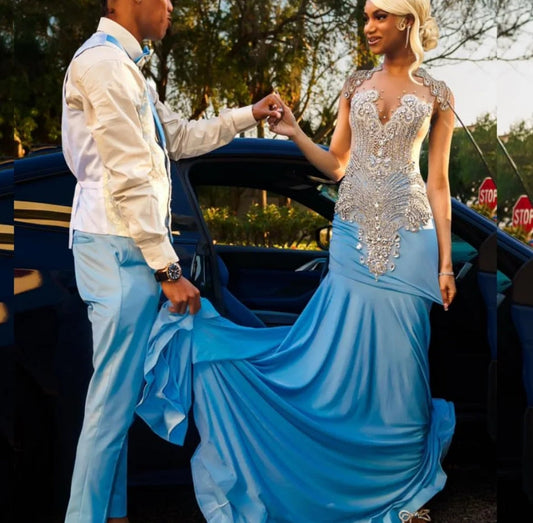 Glitter Blue Mermaid Prom Dress For Black Girls Silver Daimond Rhinestone Beaded Party Gowns