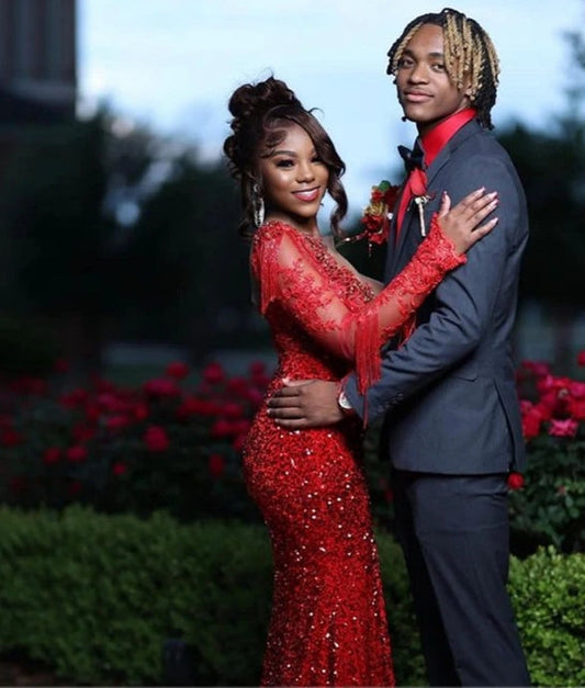 Red One Shoulder Long Sleeve Sequin Mermaid Prom Dresses Beaded Appliques Birthday Dress For Black Girl Luxury Cocktail