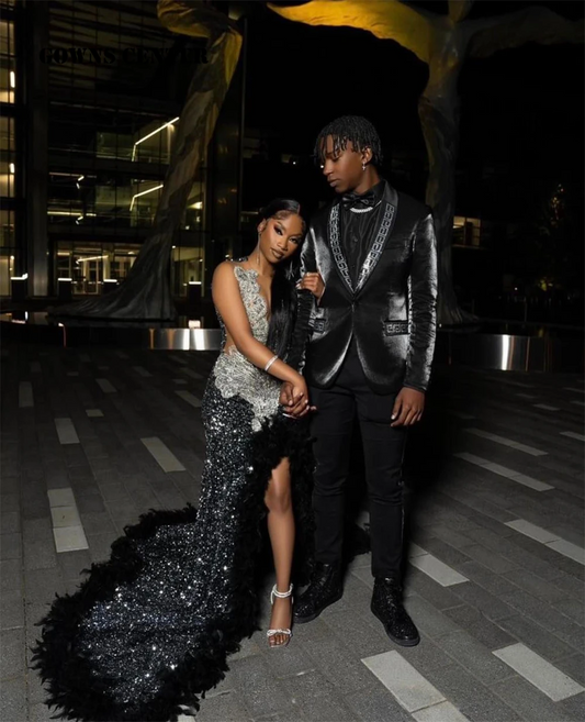 Black Velvet Sequin Feathers Train Rhinestone Prom Dress Black Girl African Mermaid Elegant Dress For Wedding Party Sexy