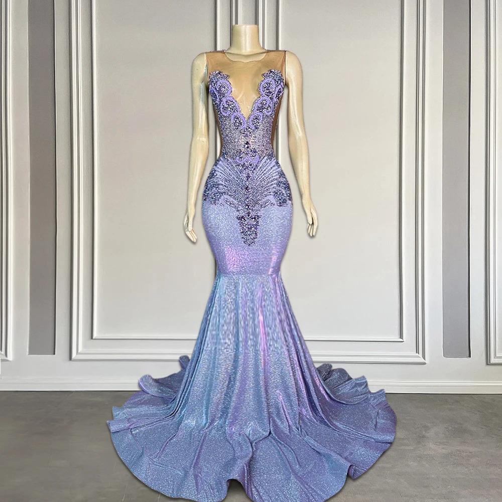 Light Purple Rhinestones Sheer O Neck Prom Dresses Luxury Glitter Lilac Long Black Girls Prom Gala Gowns