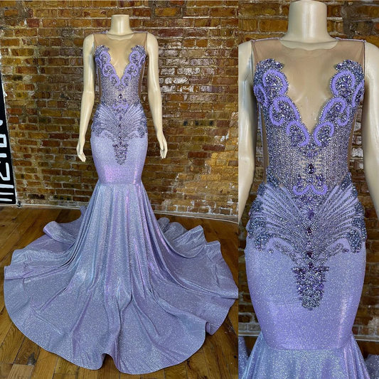 Light Purple Rhinestones Sheer O Neck Prom Dresses Luxury Glitter Lilac Long Black Girls Prom Gala Gowns