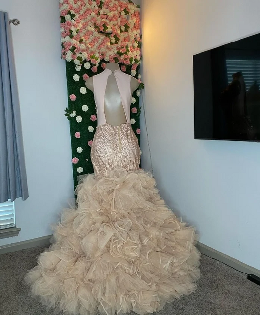 Sexy Champagne Mermaid Prom Dress Luxury Diamante Appliqué High Split Lace Black Girl Queen Dress