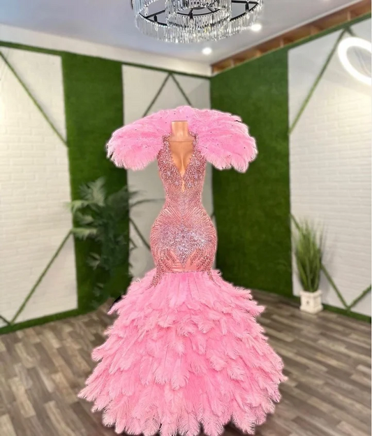 Luxury Peach Pink Prom Dress Sparkling See Through Diamante Beaded Applique Feather Mermaid Black Girl