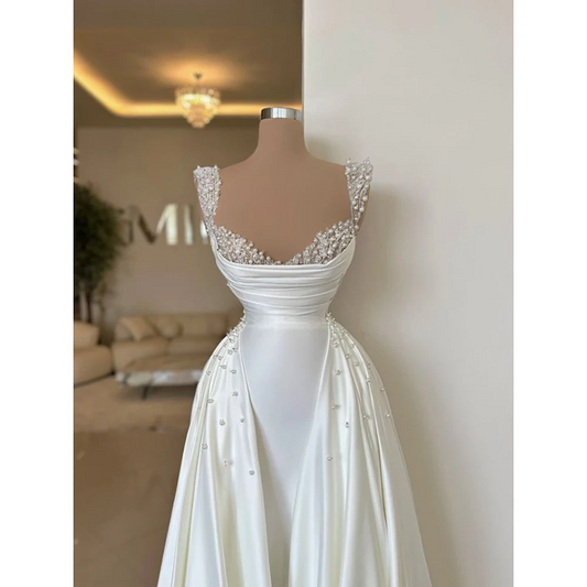 Luxury V-Neck Spaghetti Strap Pearls Sleeveless Wedding Dress Mermaid Floor Length Sweep Train Custom Made Bridal Gown