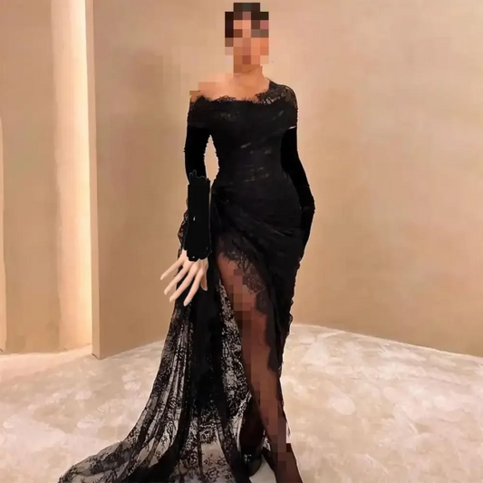Elegant Long Black Lace Evening Dresses Mermaid Off Shoulder Floor Length Formal Prom Dress for Women Party Gowns Vintage
