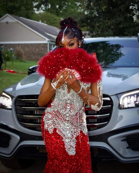 Red Sparkly Long Mermaid Prom Occasion Party Dresses for Black Girl Luxury Diamond Velvet Evening Birthday Gala Dress