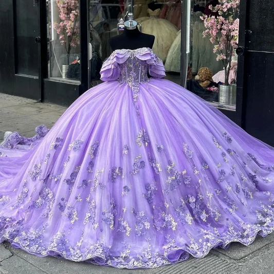 Saudi Arabic Princess Lilac Quinceanera Dresses Flowers Sweet 16 Dress Ball Gown Part Prom Wear Lace Up