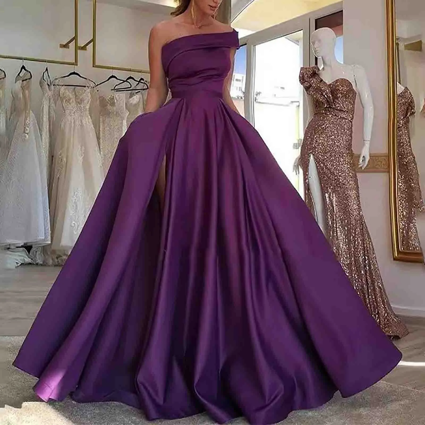 One Shoulder Floor Length Side Slit Solid Color Sleeveless Elegant Party Dresses Prom Evening Dress