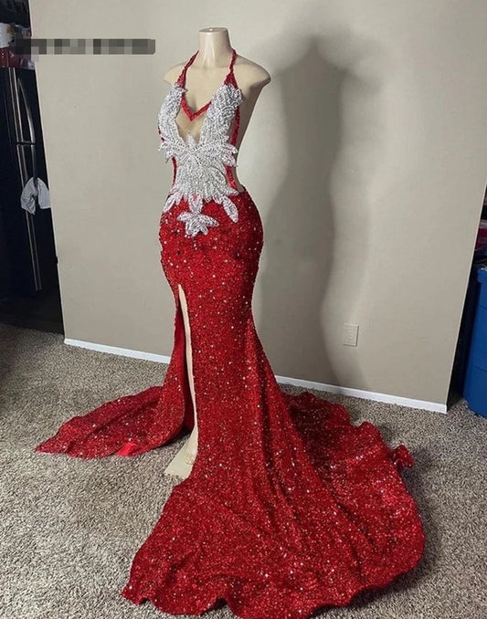Sliver Appliques Red Sequin Halter Prom Dresses For Black Girls Slit Mermaid Cocktail Dress Elegant Formal Occasion Gowns