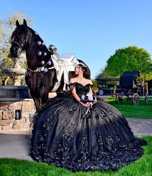 New Design Princess Black 3D Flowers Quinceanera Dresses With Cape Off Shoulder Ball Gown Wedding Gowns Sweet 16 Dresses