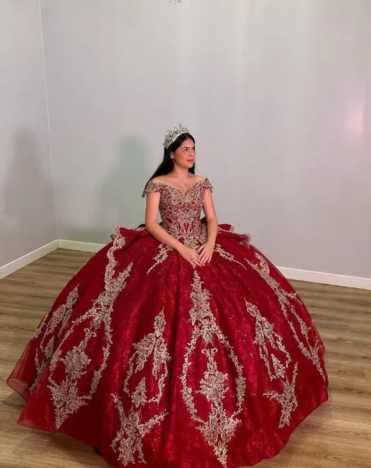 Sparkly Burgundy Princess Quinceanera Dresses Off Shoulder Ruffles Gold Applique Corset