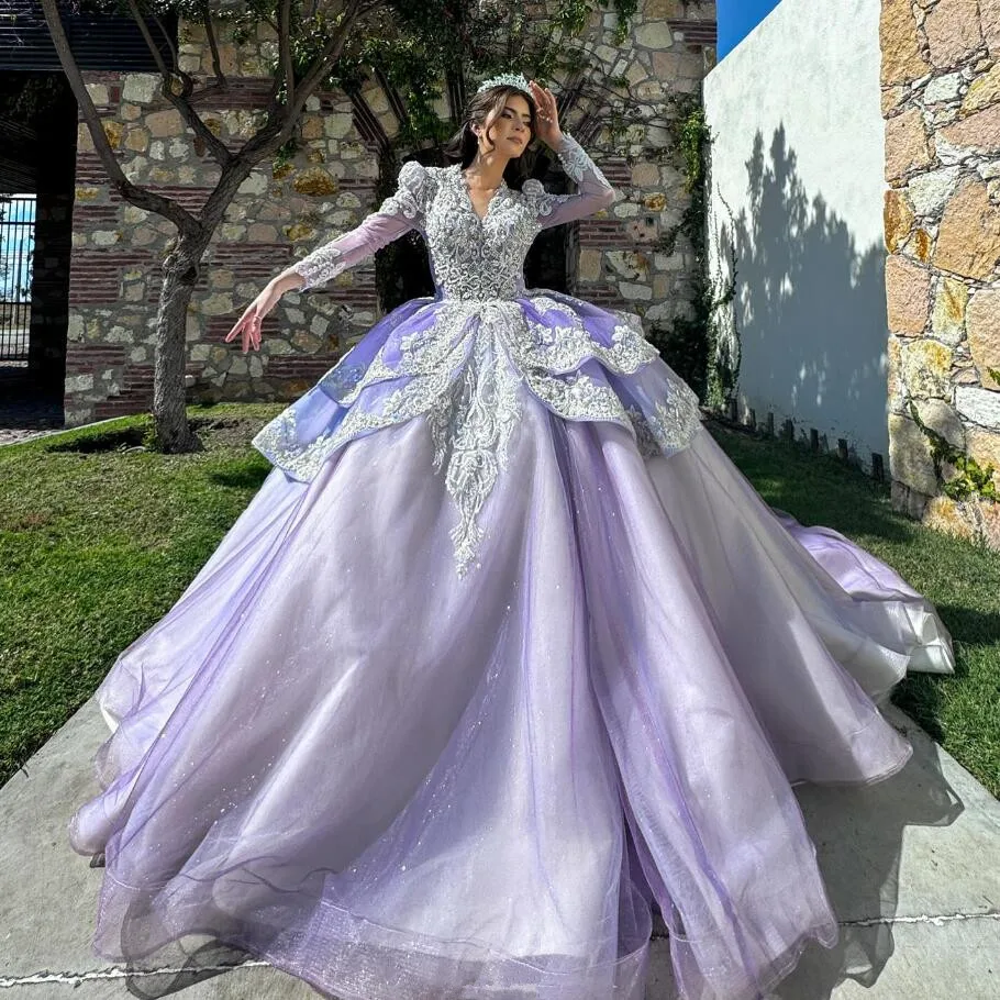 Lilac Lavender Prinncess Quinceanera Dresses Long Sleeve Gillter Applique Lace