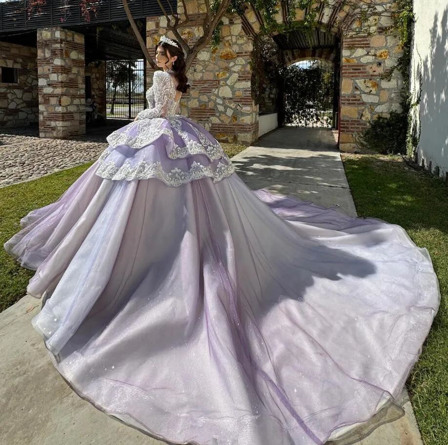 Lilac Lavender Prinncess Quinceanera Dresses Long Sleeve Gillter Applique Lace