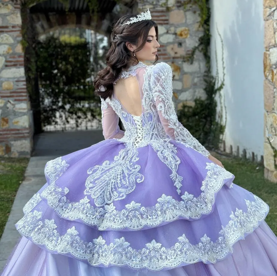 Lilac Lavender Prinncess Quinceanera Dresses Long Sleeve Gillter Applique Lace