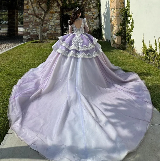 Lilac Lavender Prinncess Quinceanera Dresses Long Sleeve Gillter Applique Lace