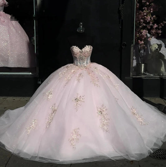 Cute Light Pink Wedding Lace Applique Ball Gown Quinceanera Dresses Beaded Sweet 16 Dress Birthday