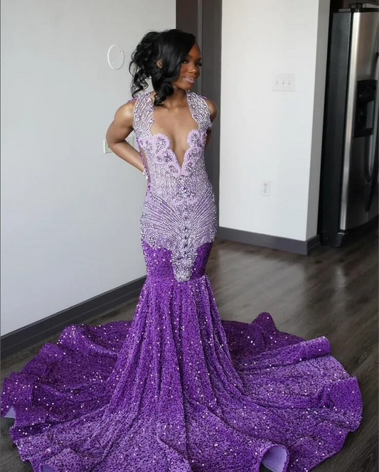 Purple Sparkly Long Mermaid Prom Birthday Gala Dresses for Black Girl Luxury Diamond Velvet Sequins Evening Ceremony Gown
