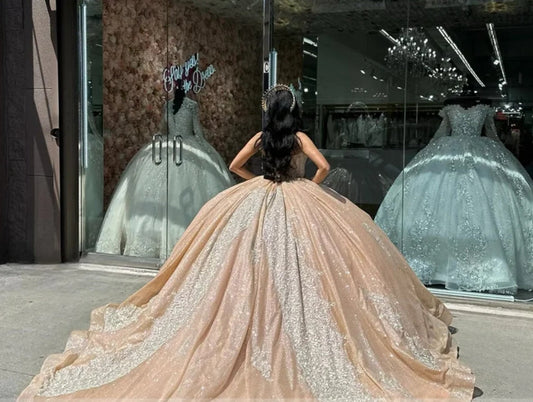 Sparkly Rose Gold Sweetheart Quinceanera Dresses Glitter Ball Gown Appliques Crystals Beads Sweet 15th Dress Prom Party