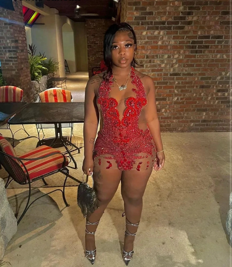 Illusion Halter Red Crystals Beaded Short Prom Dresses Stunning See Through Mesh Black Girls Birthday Party Gown