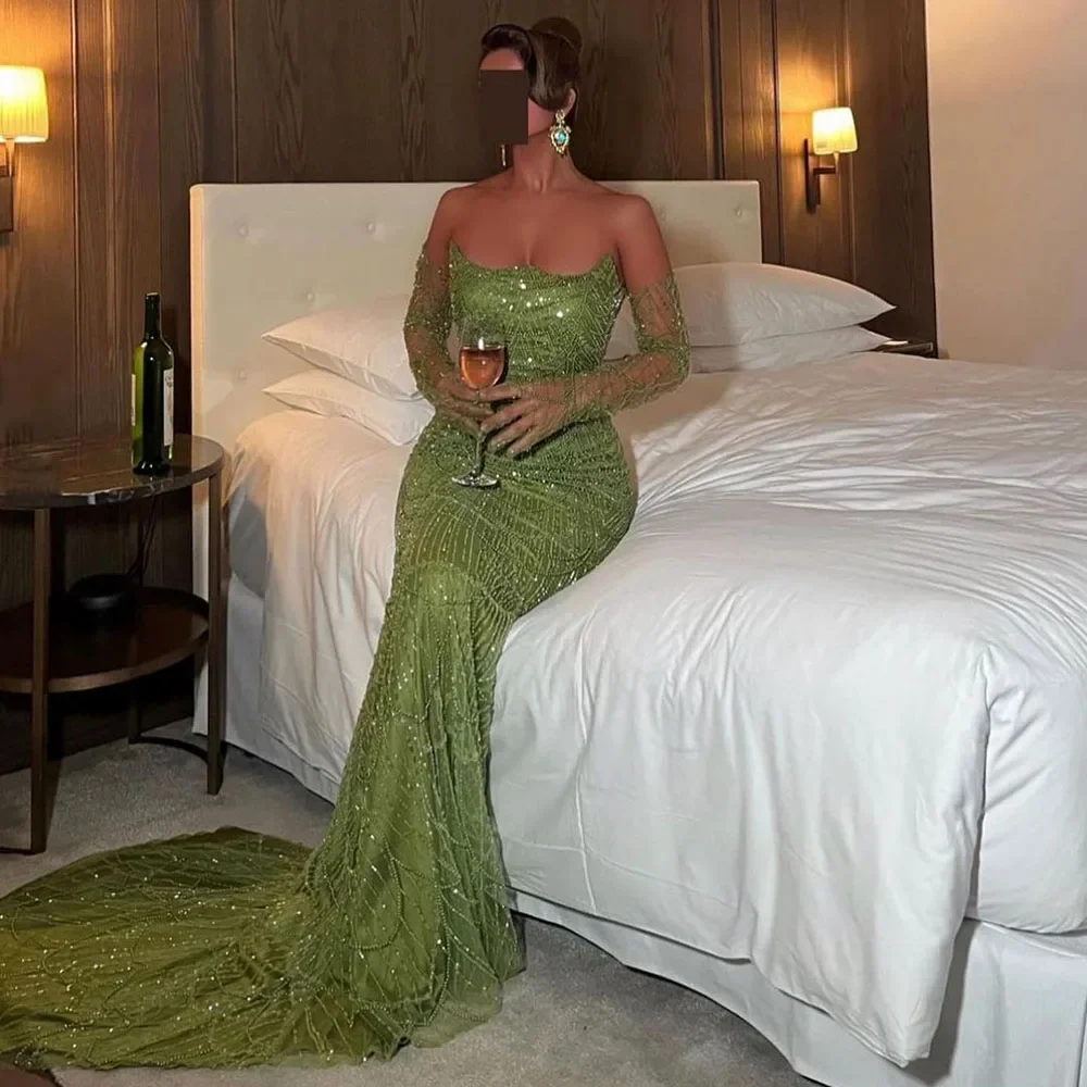 Luxury Olive Green Beaded Mermaid Evening Dress Sexy Strapless With Gloves For Women Party Gown