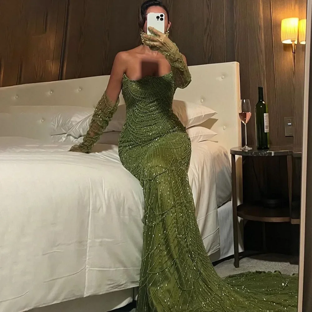 Luxury Olive Green Beaded Mermaid Evening Dress Sexy Strapless With Gloves For Women Party Gown