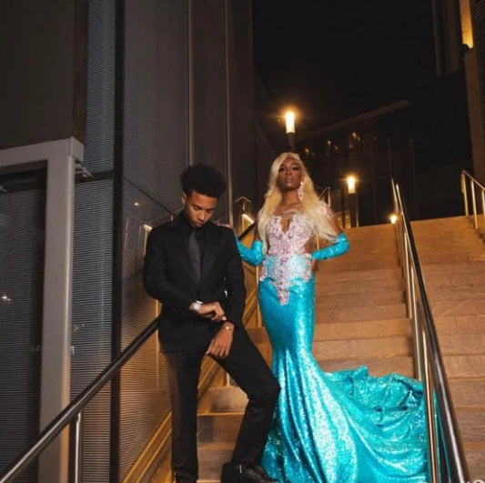 Sparkling Sapphire Mermaid Prom Dress Luxury Diamond Applique Beaded Black Girls Birthday Party