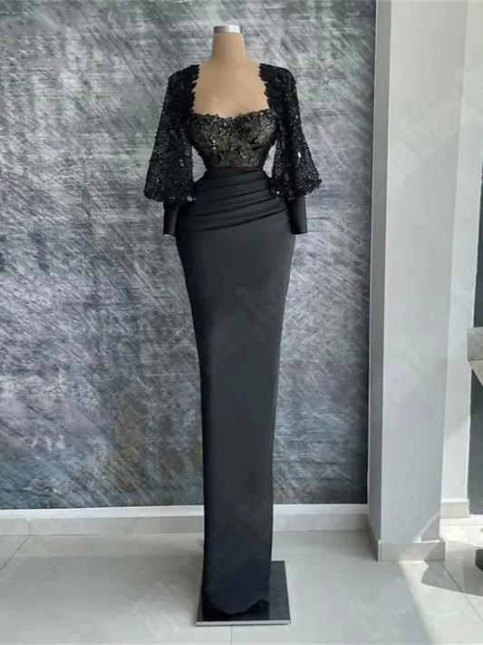Black Lace Long Sleeve Women Evening Dresses Sexy Soft Satin Formal Party Prom Gowns