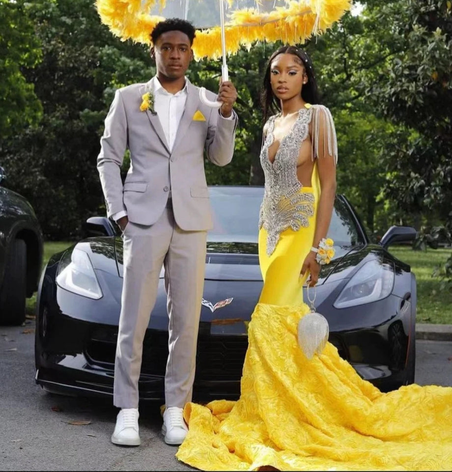 Luxury Yellow Flowers Train Rhinestones Luxury Prom Dress For Black Girls Mermaid Dress Party Evening robe de bal