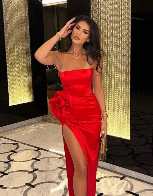 Mermaid Satin Women Prom Dresses Strapless 3D Flowers Formal Evening Dress High Split Side Birthday Party Gowns