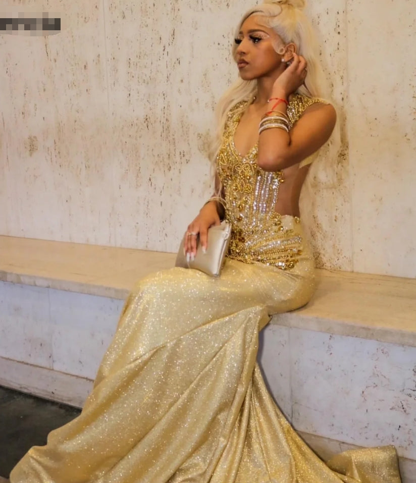 Gold Sequin Mermaid Prom Dress Blackgirls Rhinestones Crystal Birthday Party Gala Gowns