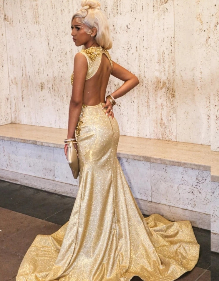 Gold Sequin Mermaid Prom Dress Blackgirls Rhinestones Crystal Birthday Party Gala Gowns