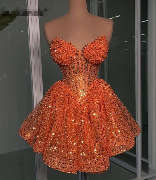 Glitter Orange Sweetheart Prom Dresses Beads Sequins Pearls Luxury Cocktails Dress Homecoming Birthday Party Gowns
