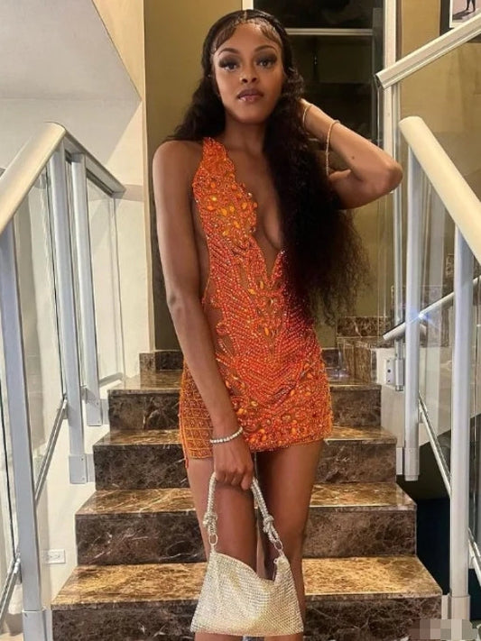 Luxury Orange Diamante Short Cocktail Prom Dress For Black Girls Glitter Crystal Beaded Birthday Party