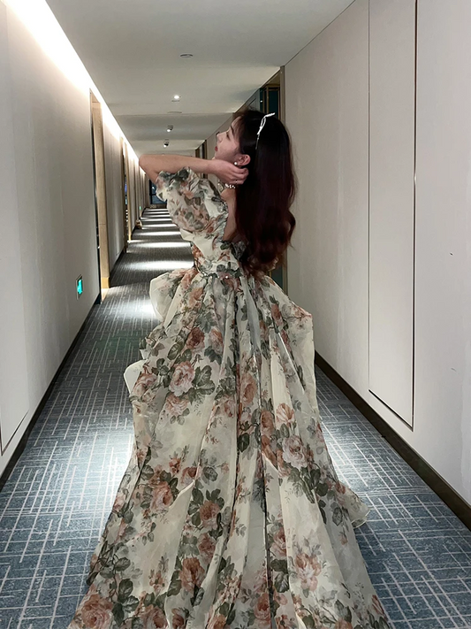 Print Floral France Vintage Dress Women Open Fork Elegant Evening Party Midi Dress Puff Sleeve Korea Sweet Dress Female