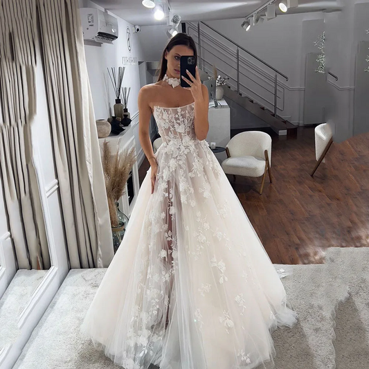 Lace Wedding Dresses Strapless Side Split Corset Side Split A Line Long Custom Made Bridal Gown