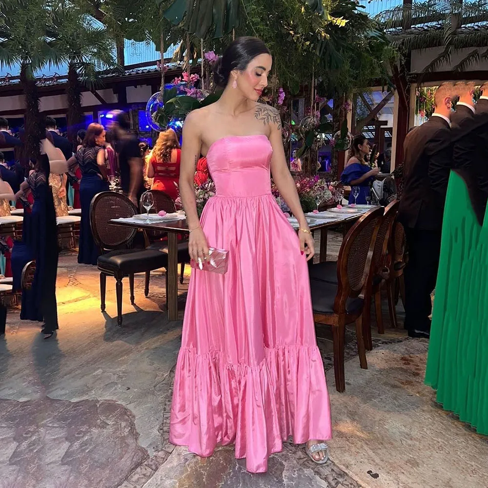Hot Pink Silk Evening Dress Sexy Strapless A-line Prom Dress Wedding Banquet Party Dress Dinner Night Gown